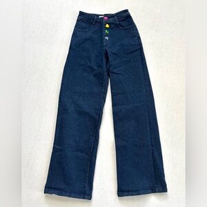 Molly Green Blue Wide Leg Trouser Jeans with Colored Jewel Heart Buttons XS